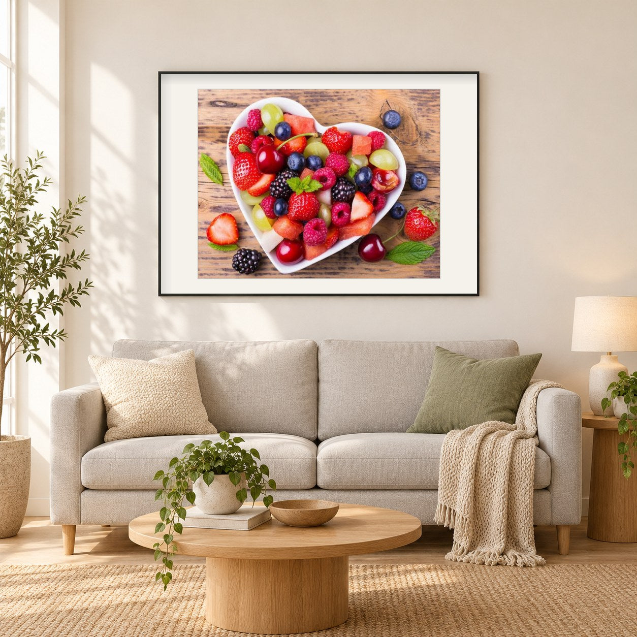 Früchte in herzförmiger Schale als gerahmtes Diamond Painting im Wohnzimmer