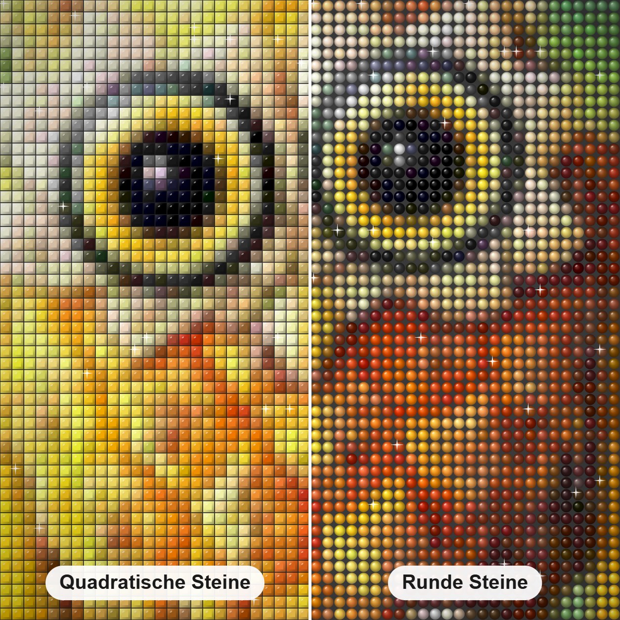 Fruchtschnitzereien der Eule Diamond Painting Nahaufnahme mit quadratischen und runden Steinen