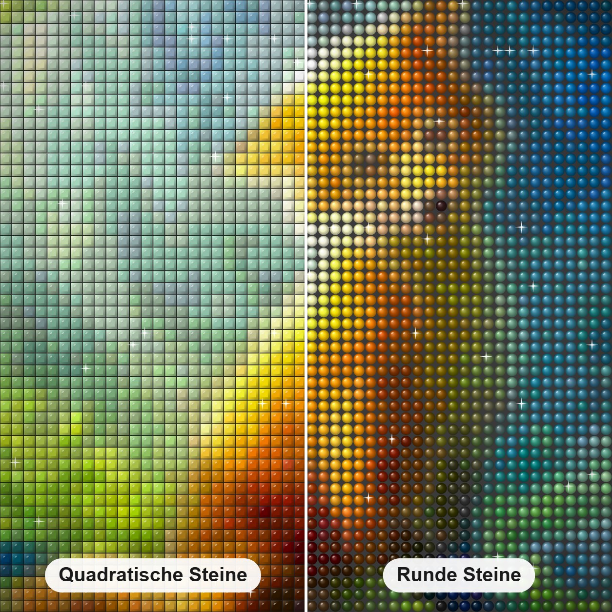 Fuchs im Wald unter Regen Diamond Painting Nahaufnahme mit quadratischen und runden Steinen