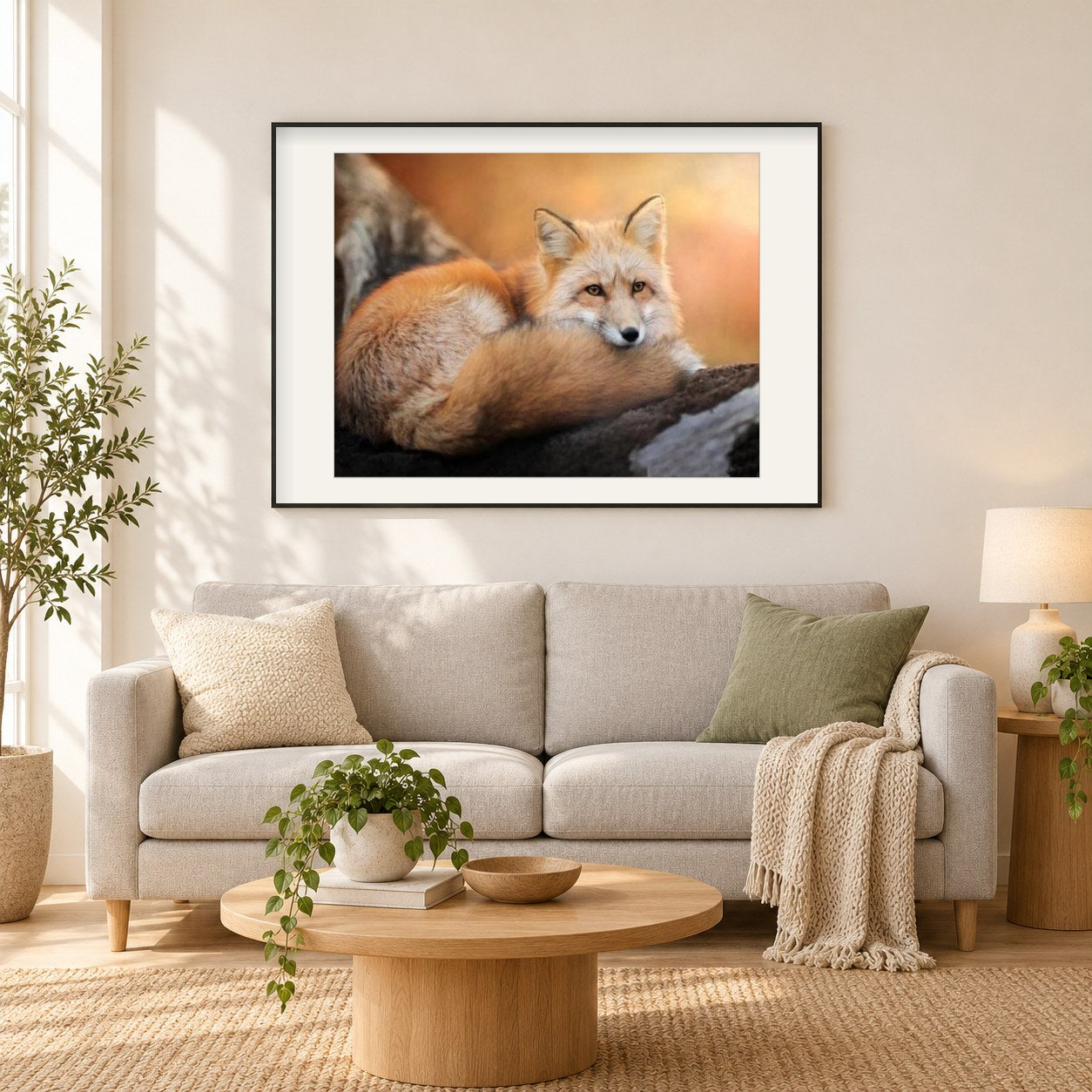 Fuchs als gerahmtes Diamond Painting im Wohnzimmer