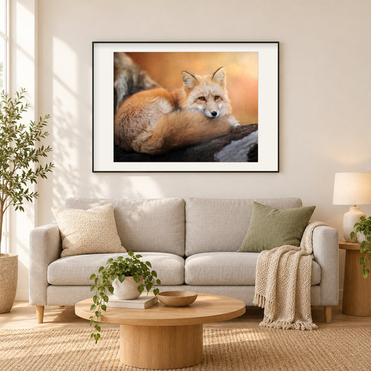 Fuchs als gerahmtes Diamond Painting im Wohnzimmer