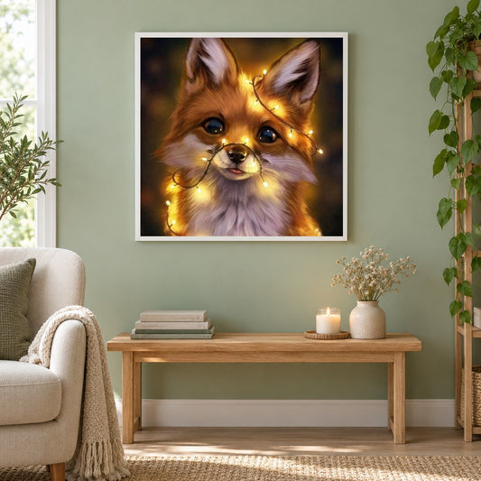Fuchs voller Diamant als gerahmtes Diamond Painting im Wohnzimmer