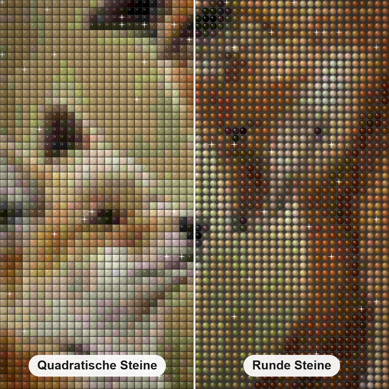 Fuchsjungen Diamond Painting Nahaufnahme mit quadratischen und runden Steinen