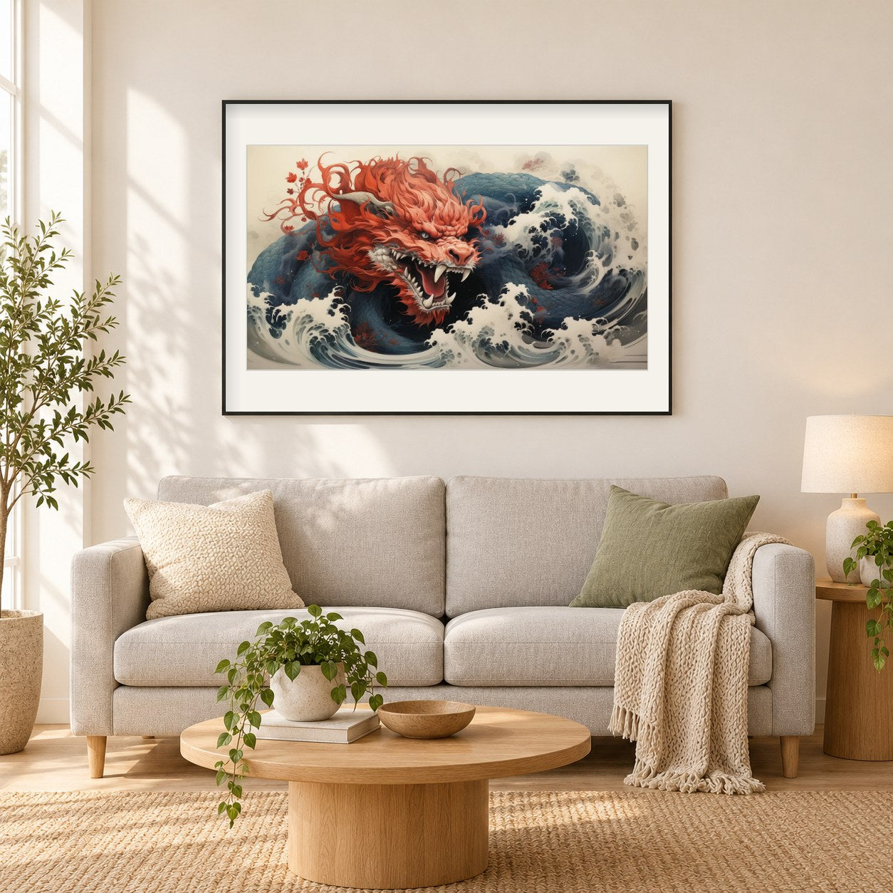 Wütender Drache als gerahmtes Diamond Painting im Wohnzimmer