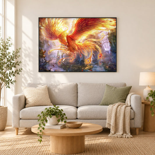 Furious Phoenix als gerahmtes Diamond Painting im Wohnzimmer