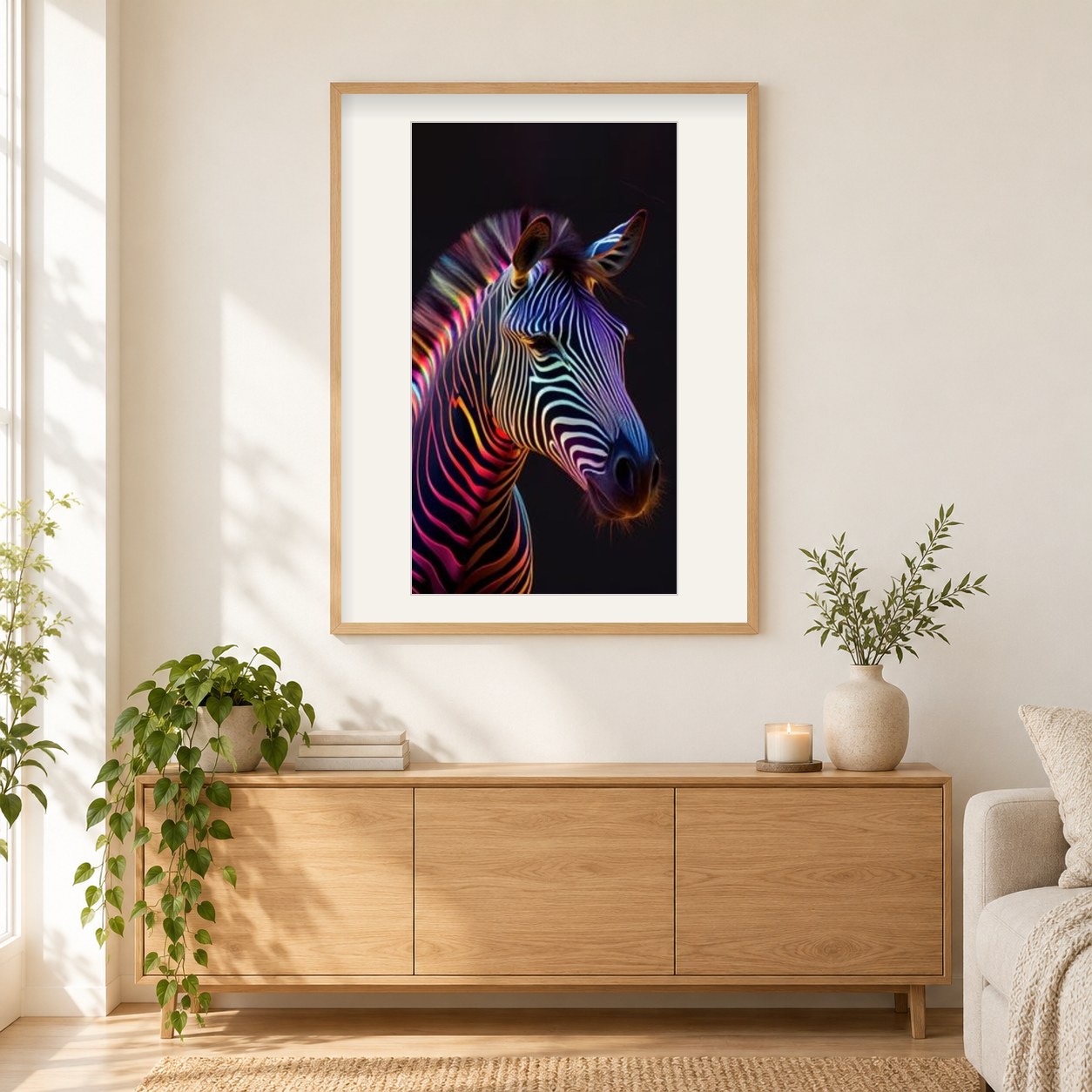 Futuristische Aura des Neonzebras als gerahmtes Diamond Painting im Wohnzimmer