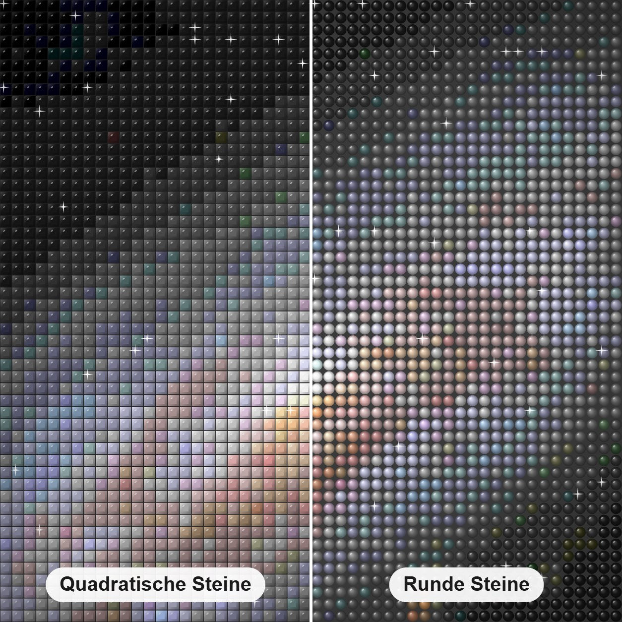 Galaxie voller kosmischer Leuchttürme Diamond Painting Nahaufnahme mit quadratischen und runden Steinen