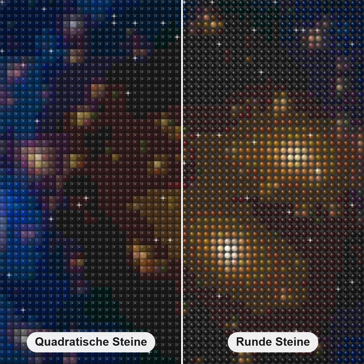 Galaxienhaufen und kosmischer Hintergrund Diamond Painting Nahaufnahme mit quadratischen und runden Steinen