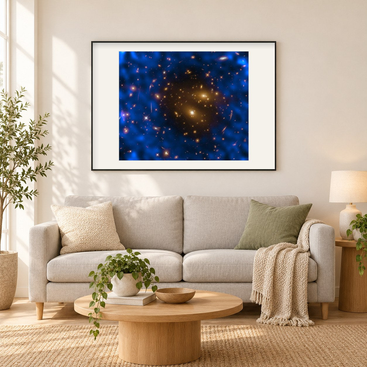 Galaxienhaufen und kosmischer Hintergrund als gerahmtes Diamond Painting im Wohnzimmer