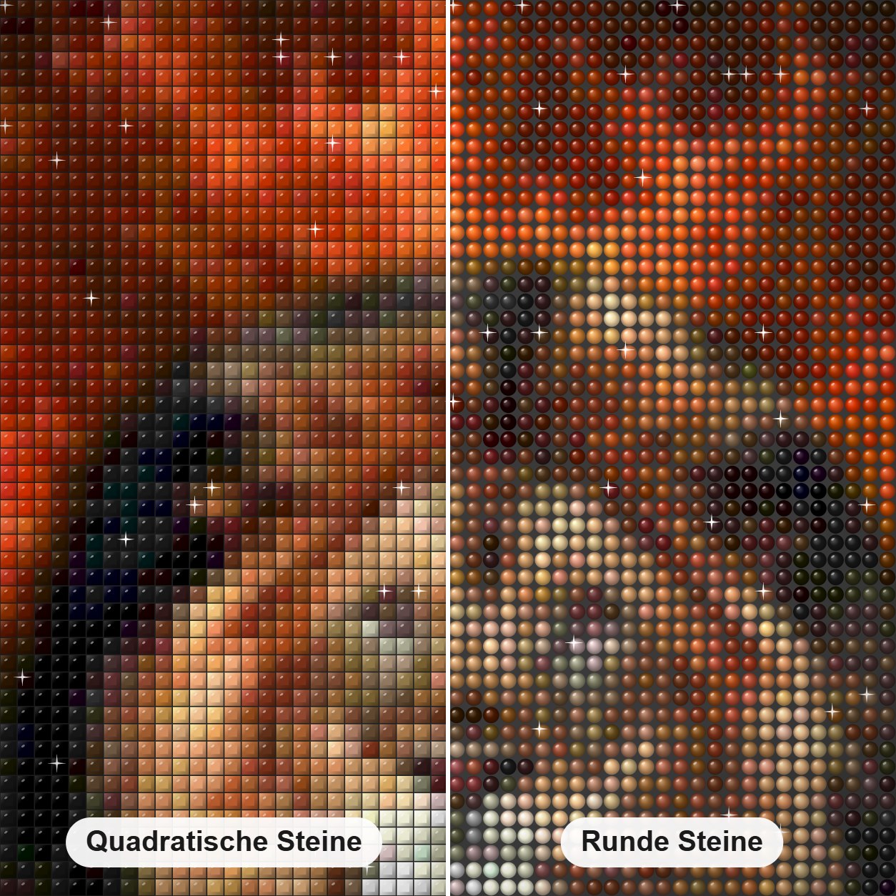Galaxienlöwe Diamond Painting Nahaufnahme mit quadratischen und runden Steinen