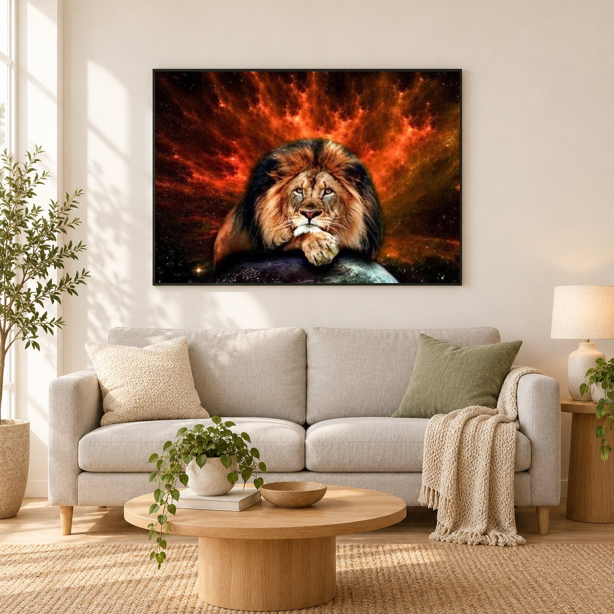 Galaxienlöwe als gerahmtes Diamond Painting im Wohnzimmer