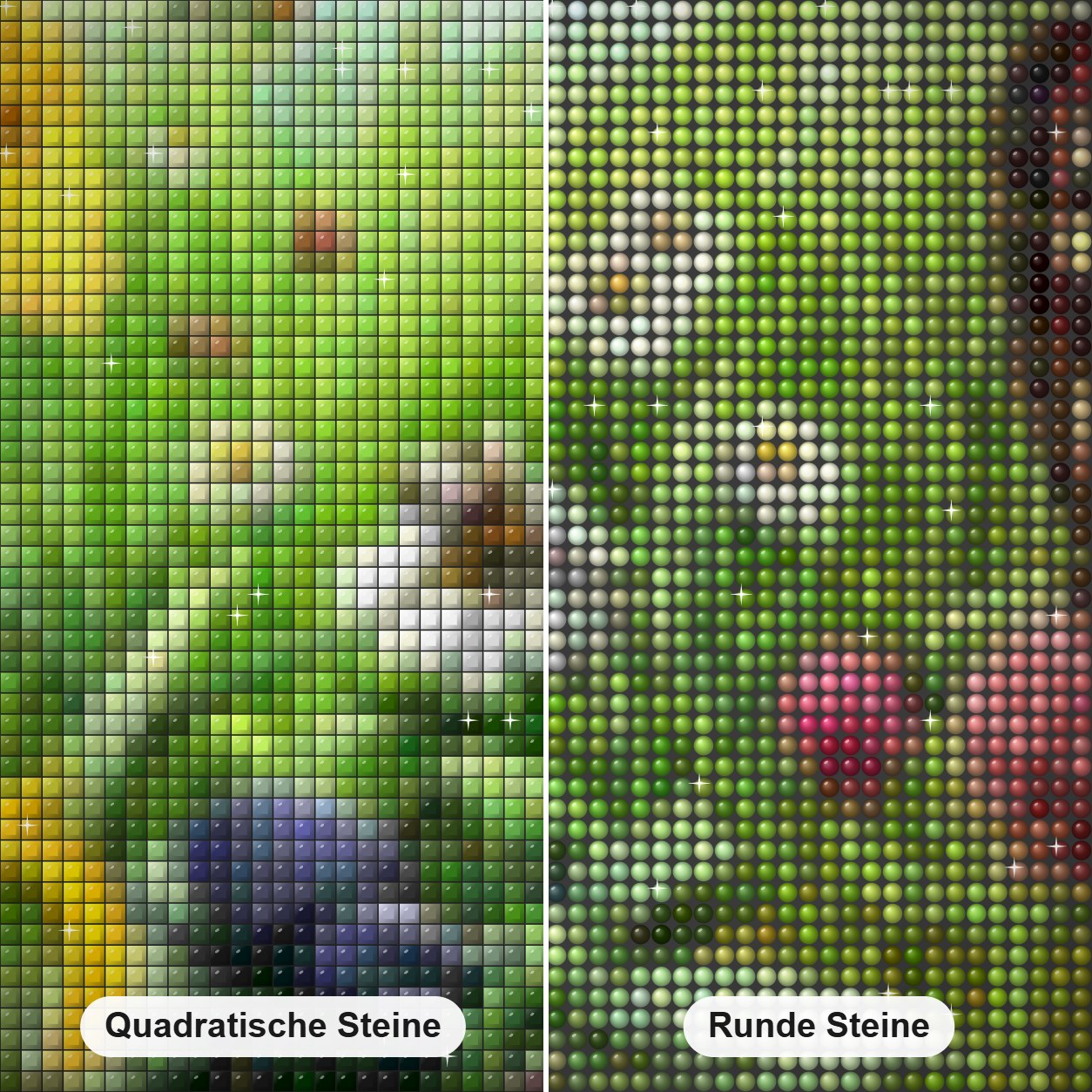 Garten mit Insekten Diamond Painting Nahaufnahme mit quadratischen und runden Steinen