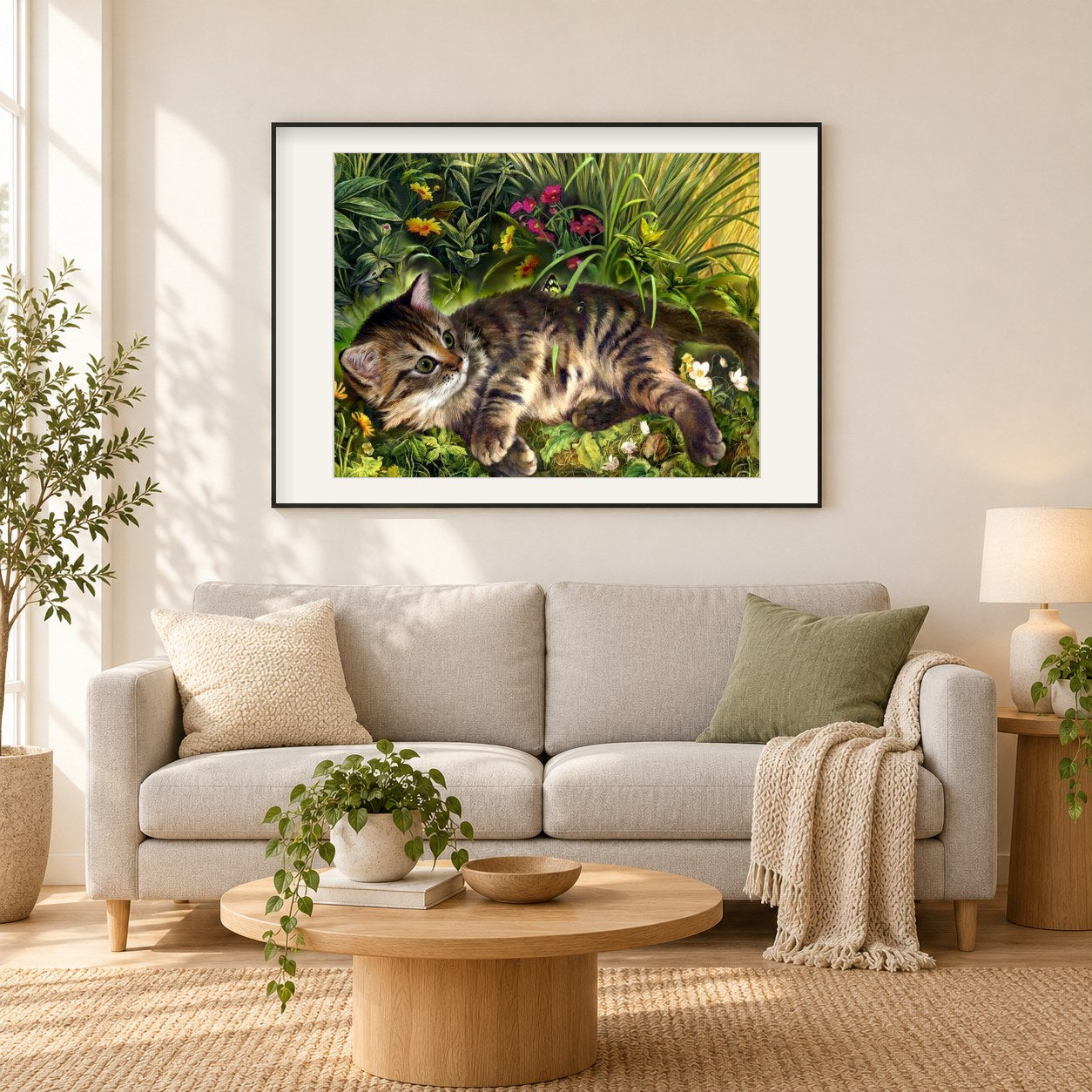 Gartenkatze als gerahmtes Diamond Painting im Wohnzimmer