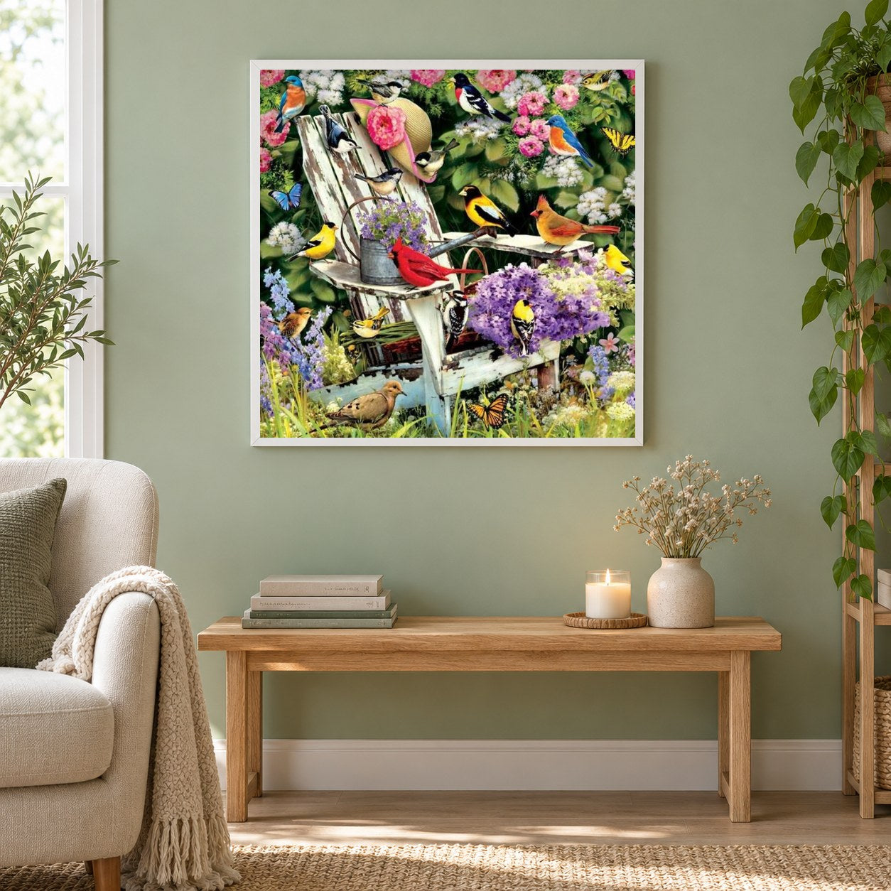 Gartenvögel als gerahmtes Diamond Painting im Wohnzimmer