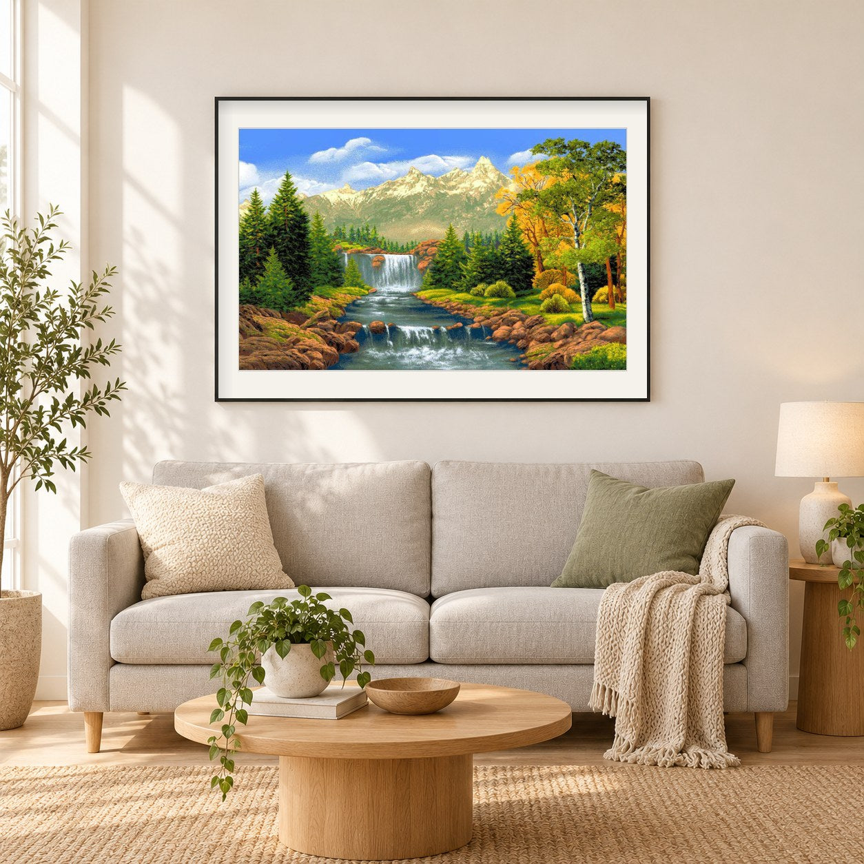 Gebirgsbach als gerahmtes Diamond Painting im Wohnzimmer