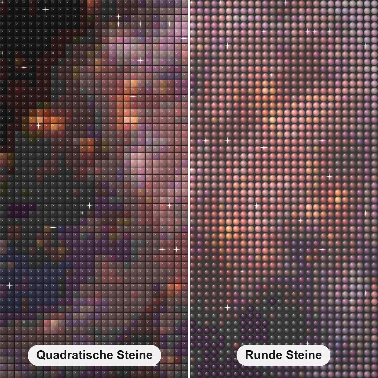 Geist von Cassiopeia Diamond Painting Nahaufnahme mit quadratischen und runden Steinen