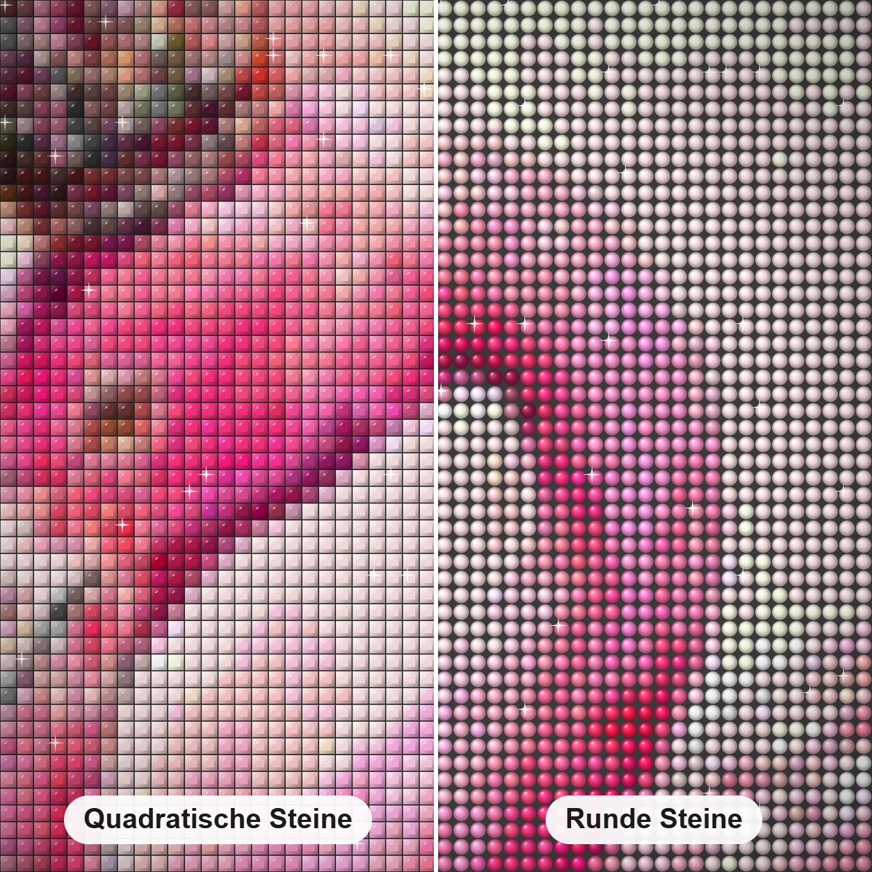 Gekrönter Flamingo Diamond Painting Nahaufnahme mit quadratischen und runden Steinen