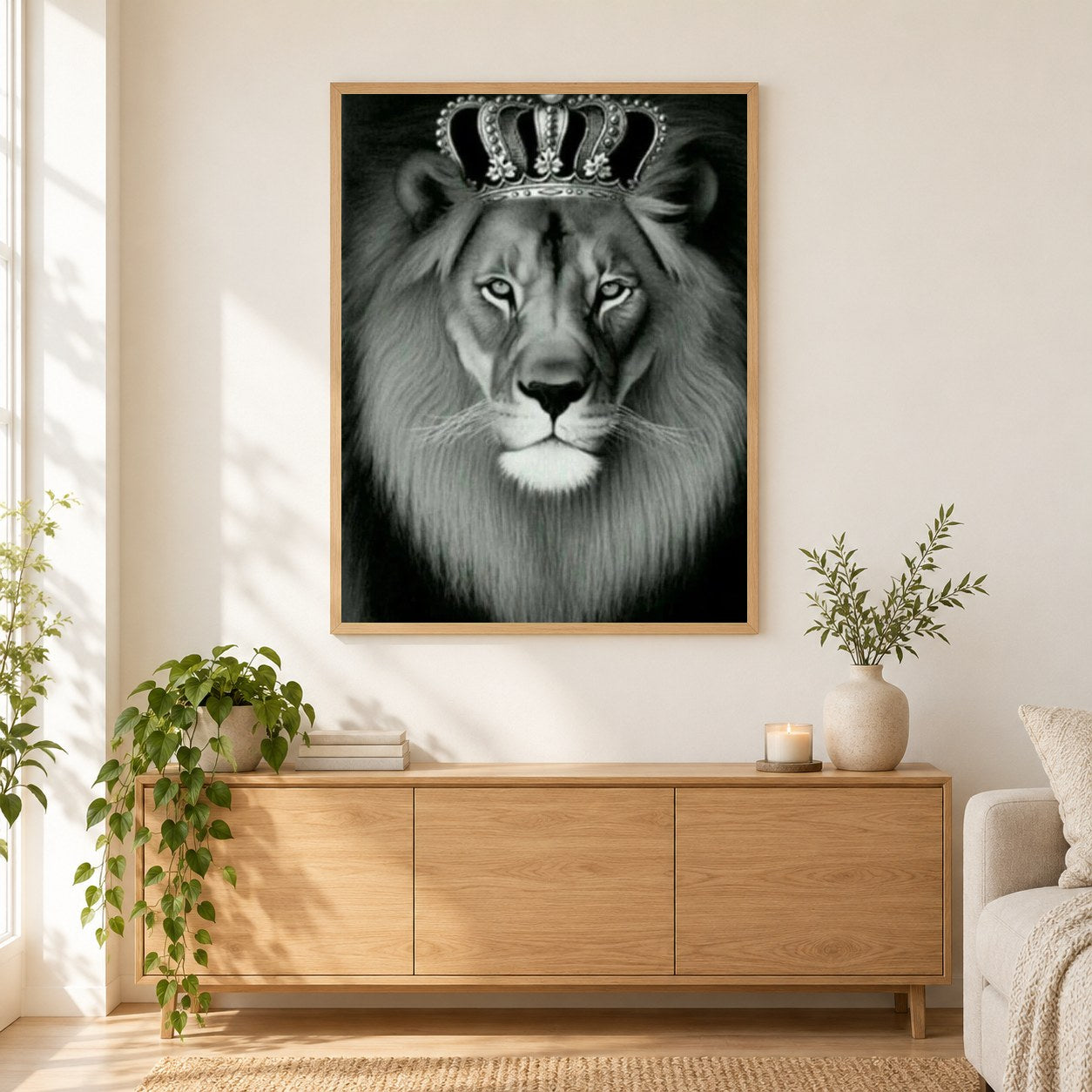 Gekrönter Löwe als gerahmtes Diamond Painting im Wohnzimmer