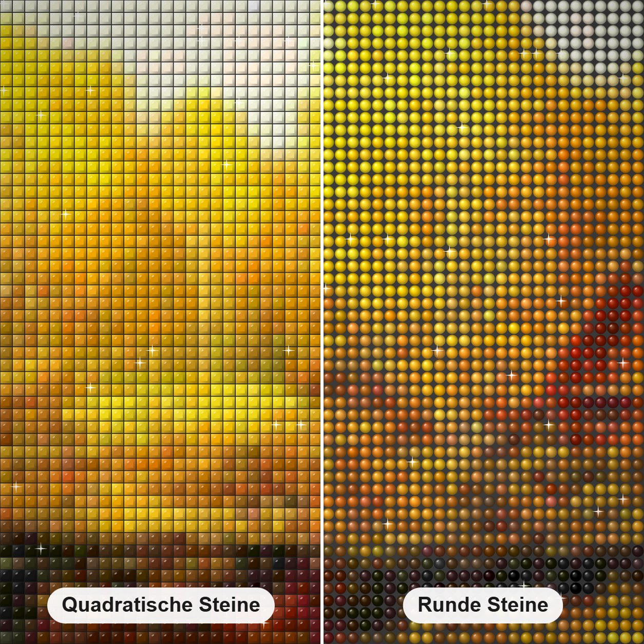 Gelbe Herbstbäume & Hütte Diamond Painting Nahaufnahme mit quadratischen und runden Steinen