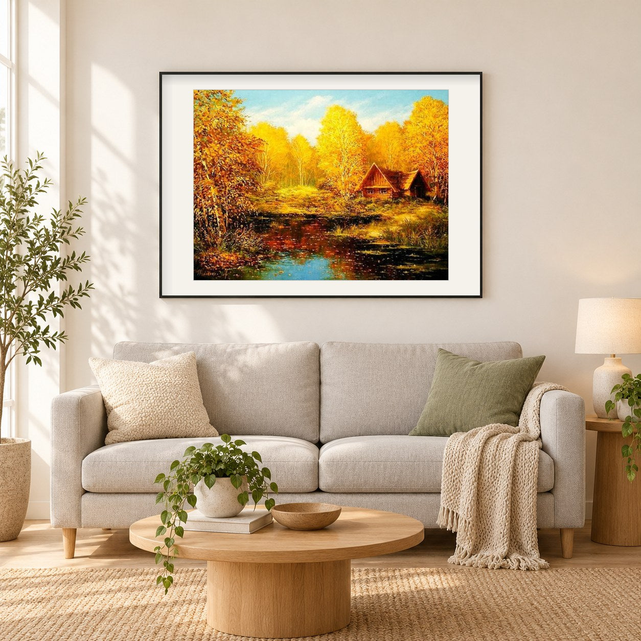 Gelbe Herbstbäume & Hütte als gerahmtes Diamond Painting im Wohnzimmer