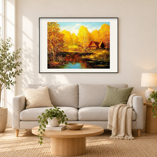 Gelbe Herbstbäume & Hütte als gerahmtes Diamond Painting im Wohnzimmer