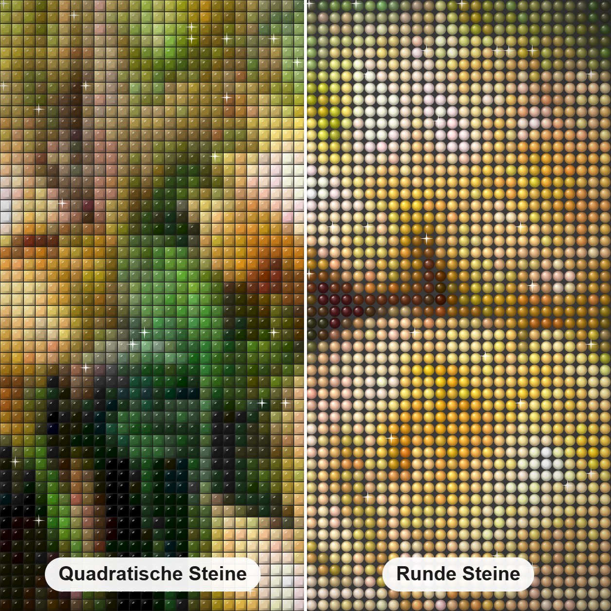 Gelbe Rosen Diamond Painting Nahaufnahme mit quadratischen und runden Steinen