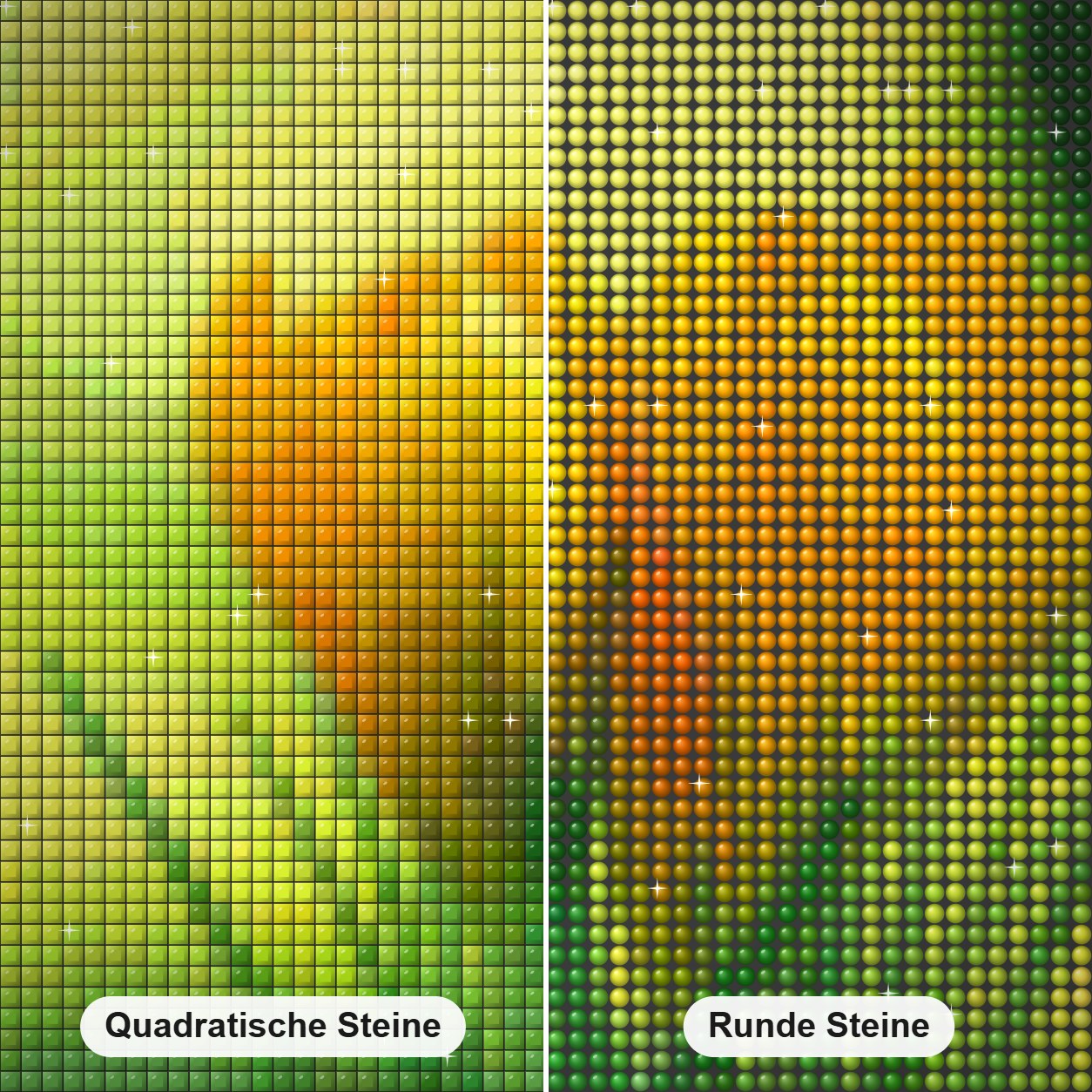 Gelbe Tulpen im Garten Diamond Painting Nahaufnahme mit quadratischen und runden Steinen