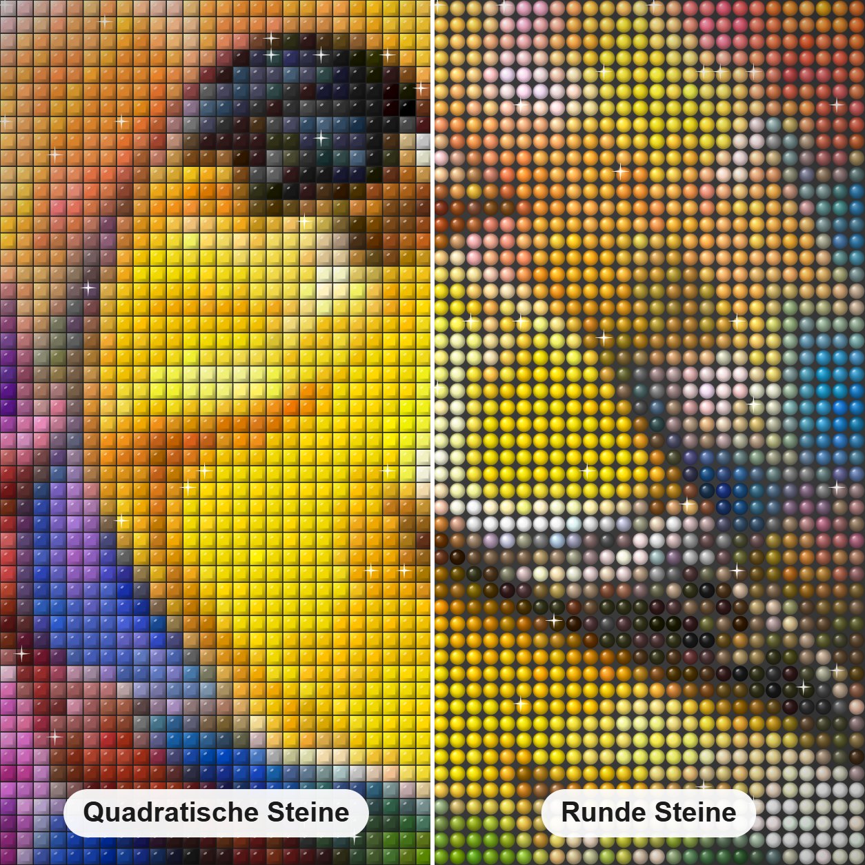Gelbe Vögel in Blumen Diamond Painting Nahaufnahme mit quadratischen und runden Steinen