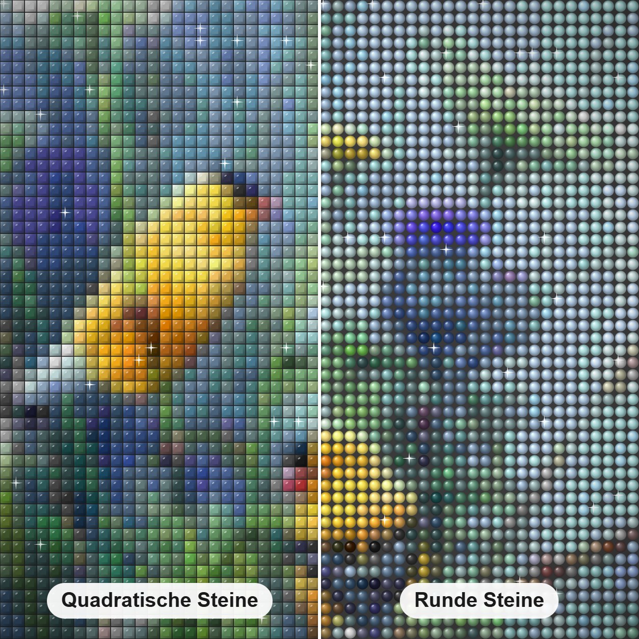 Gelbe Vögel Diamond Painting Nahaufnahme mit quadratischen und runden Steinen