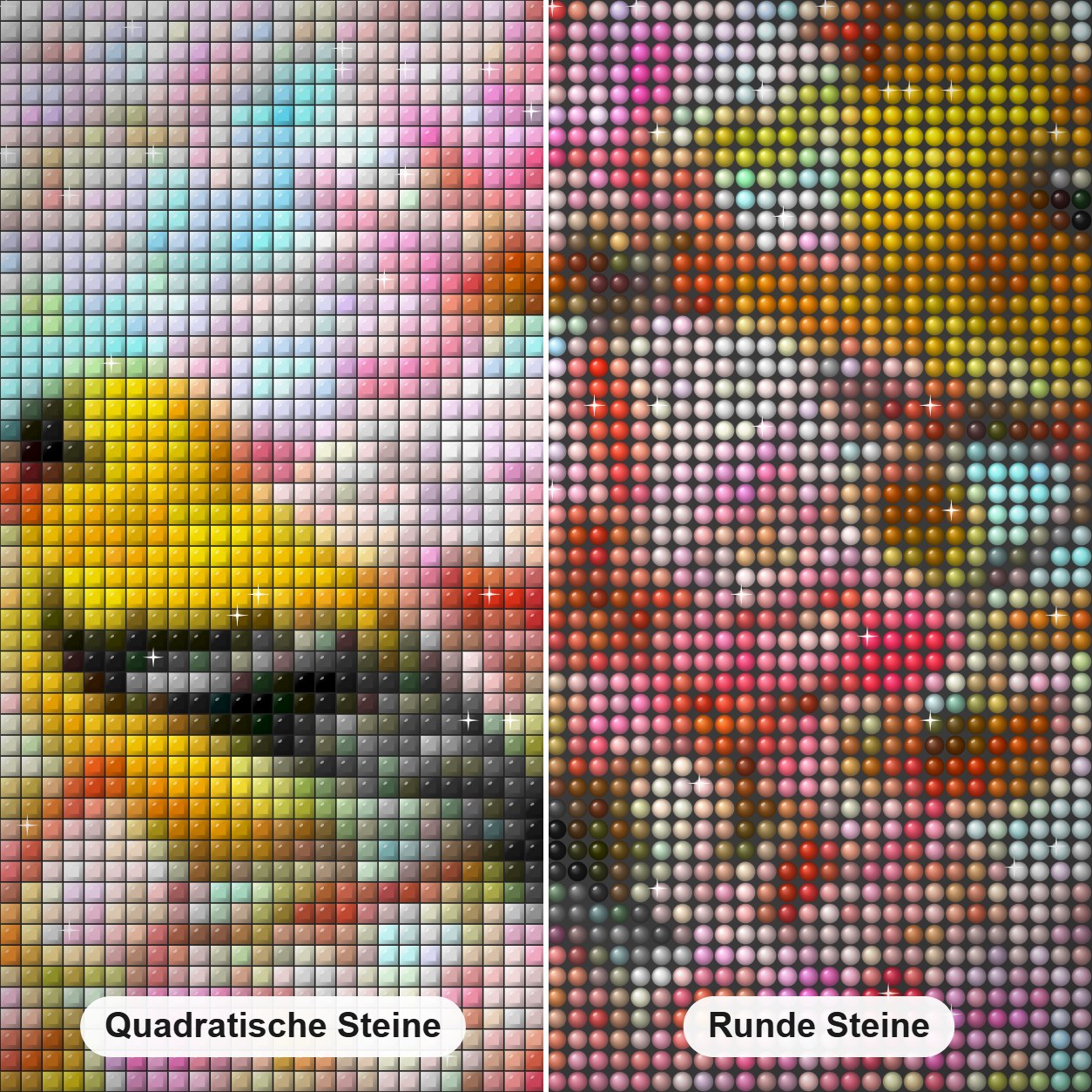 Gelbe Vögel & rosa Blüten Diamond Painting Nahaufnahme mit quadratischen und runden Steinen