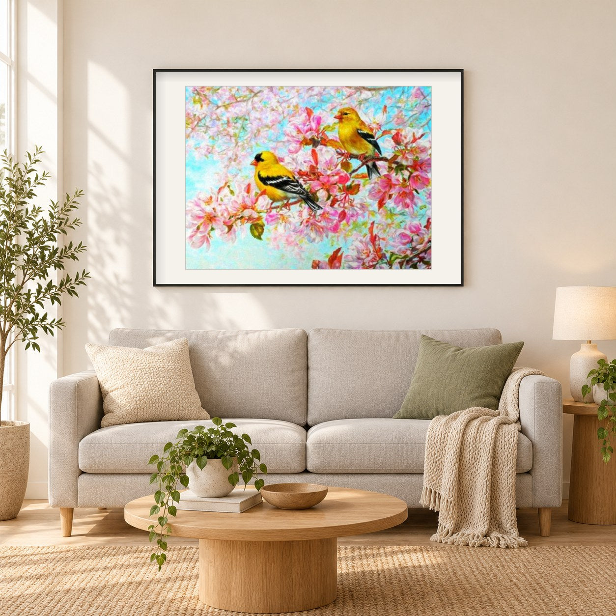 Gelbe Vögel & rosa Blüten als gerahmtes Diamond Painting im Wohnzimmer