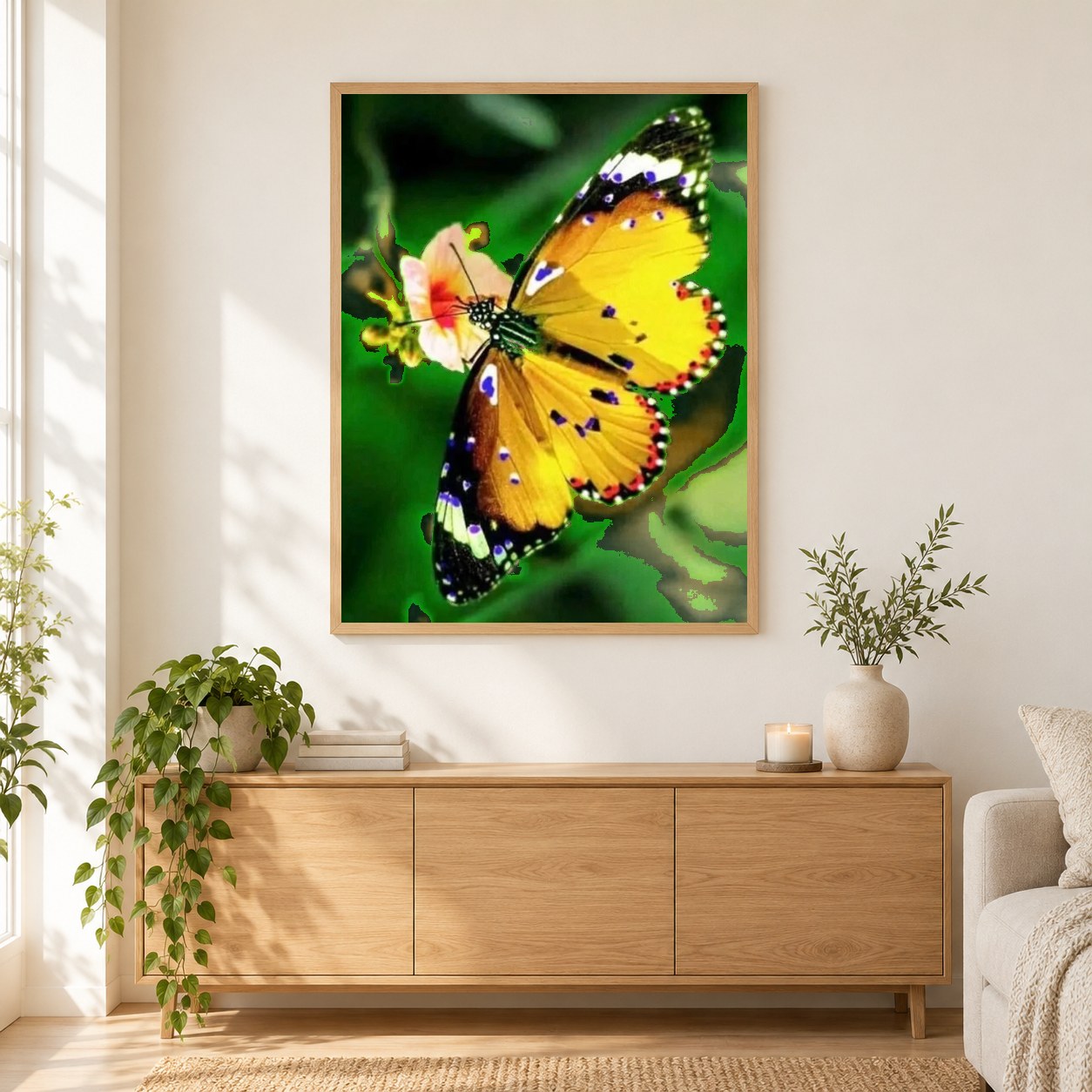 Gelber Schmetterling als gerahmtes Diamond Painting im Wohnzimmer