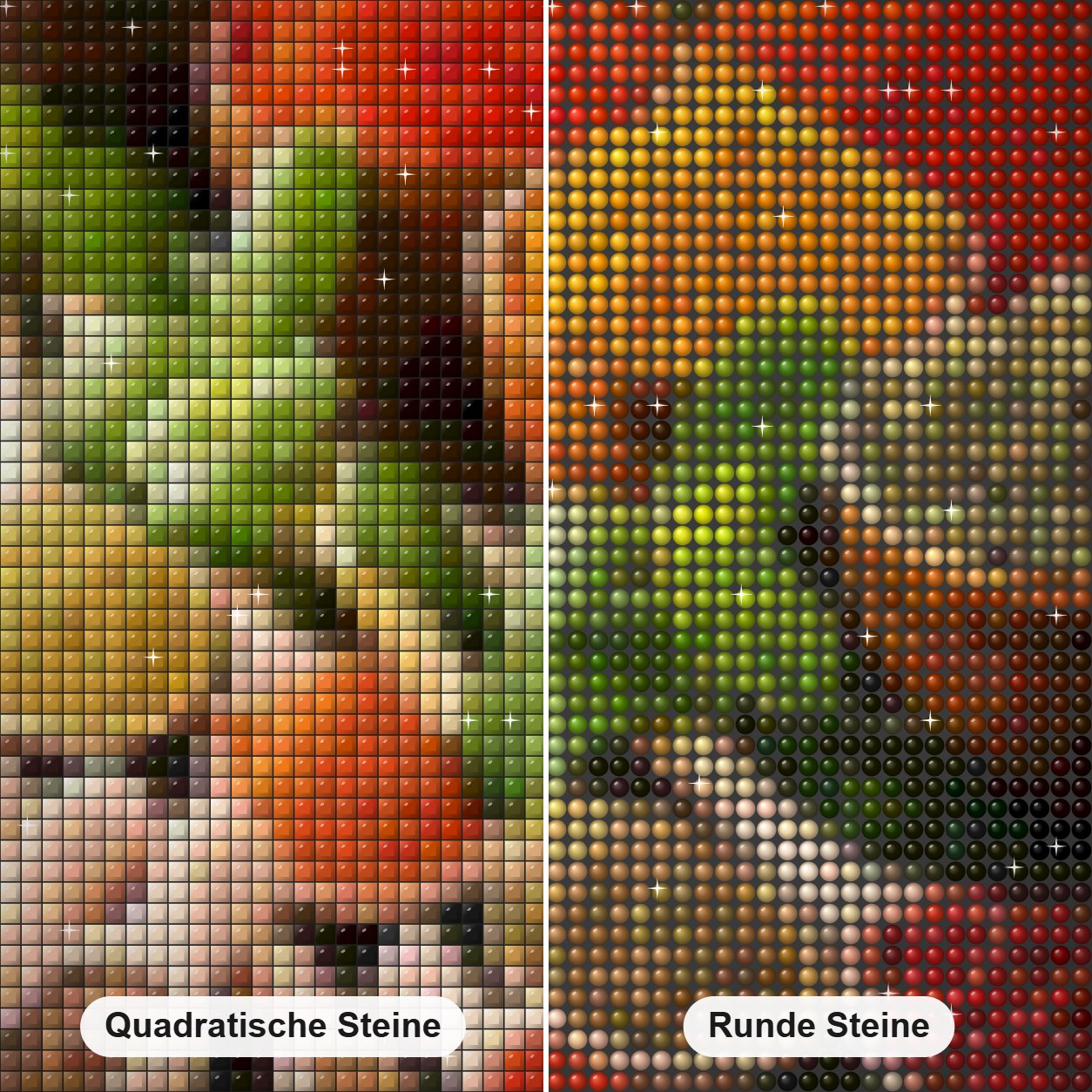 Gemahlene Gewürze Diamond Painting Nahaufnahme mit quadratischen und runden Steinen