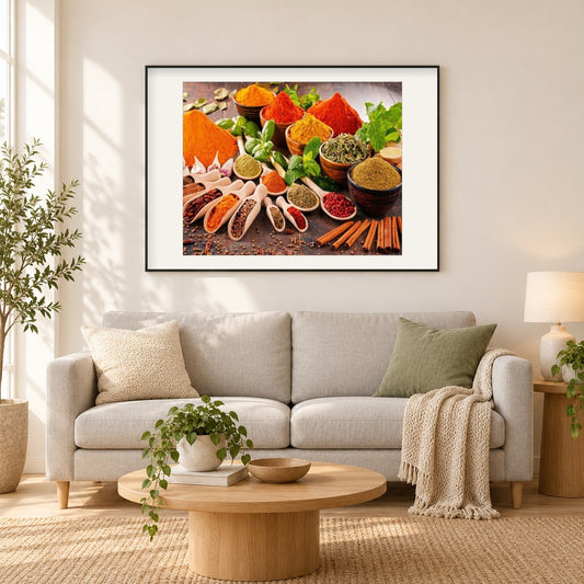 Gemahlene Gewürze als gerahmtes Diamond Painting im Wohnzimmer