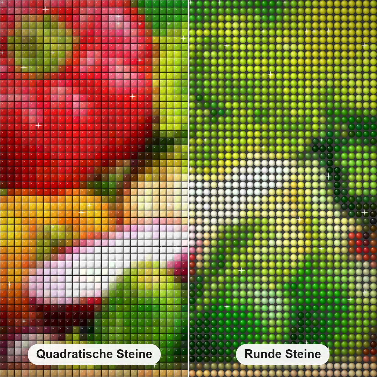 Gemüsekorb Diamond Painting Nahaufnahme mit quadratischen und runden Steinen