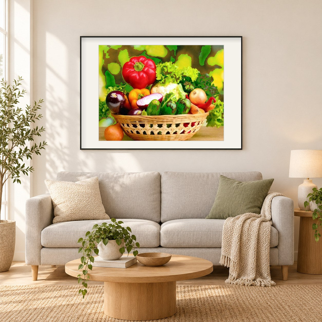 Gemüsekorb als gerahmtes Diamond Painting im Wohnzimmer