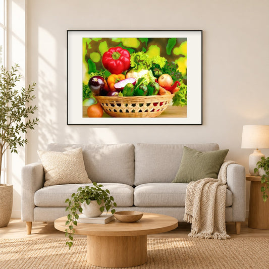 Gemüsekorb als gerahmtes Diamond Painting im Wohnzimmer