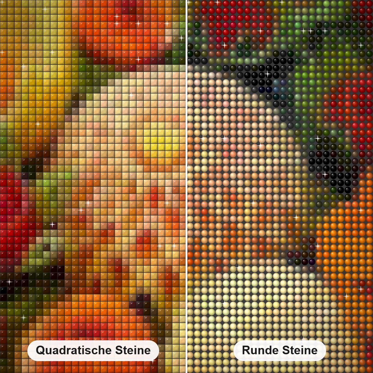 Gemüsekunst Diamond Painting Nahaufnahme mit quadratischen und runden Steinen