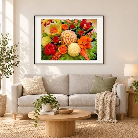 Gemüsekunst als gerahmtes Diamond Painting im Wohnzimmer