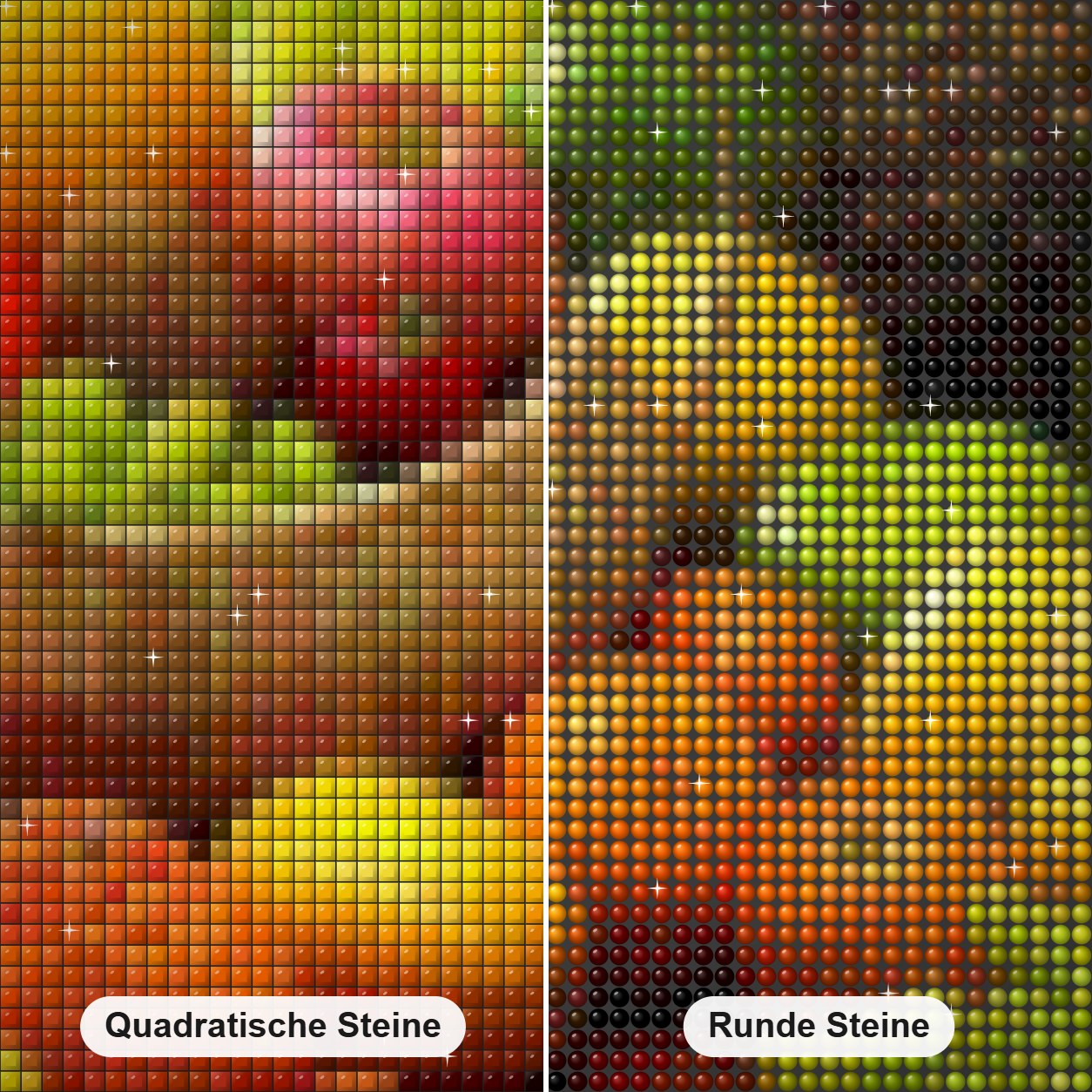Gemüsen und Obst Diamond Painting Nahaufnahme mit quadratischen und runden Steinen