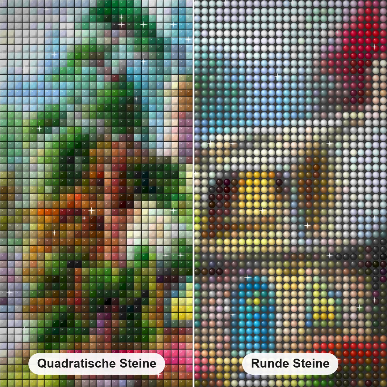 Gemütliches Häuschen Diamond Painting Nahaufnahme mit quadratischen und runden Steinen