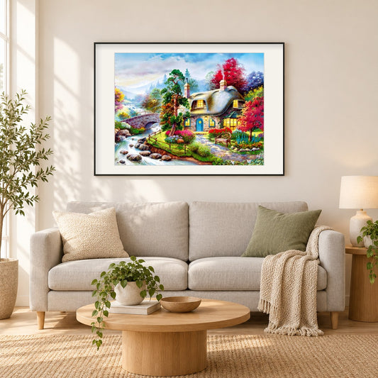 Gemütliches Häuschen als gerahmtes Diamond Painting im Wohnzimmer