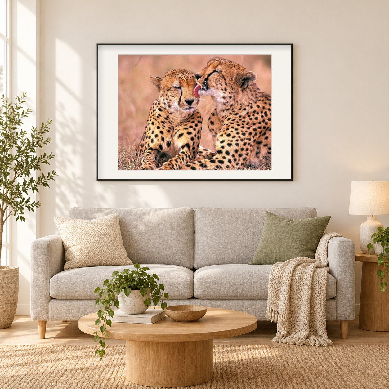 Gepardenpaar verliebt als gerahmtes Diamond Painting im Wohnzimmer