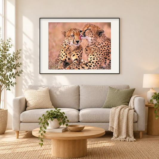 Gepardenpaar verliebt als gerahmtes Diamond Painting im Wohnzimmer