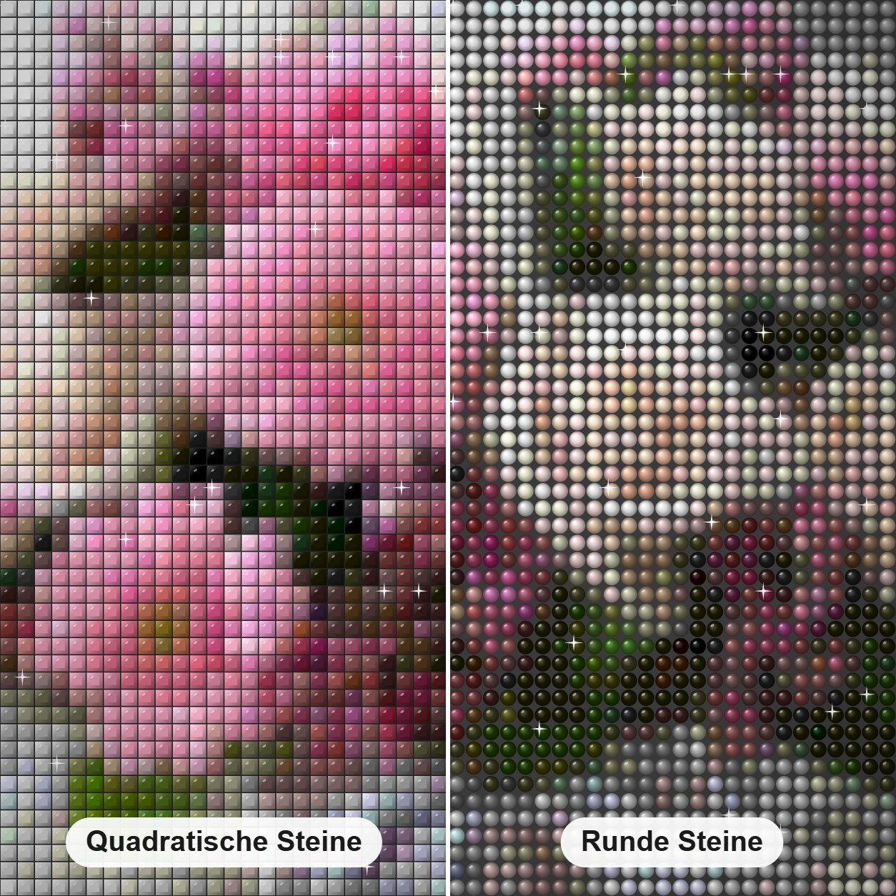 Geschenk Blumenkorb Diamond Painting Nahaufnahme mit quadratischen und runden Steinen