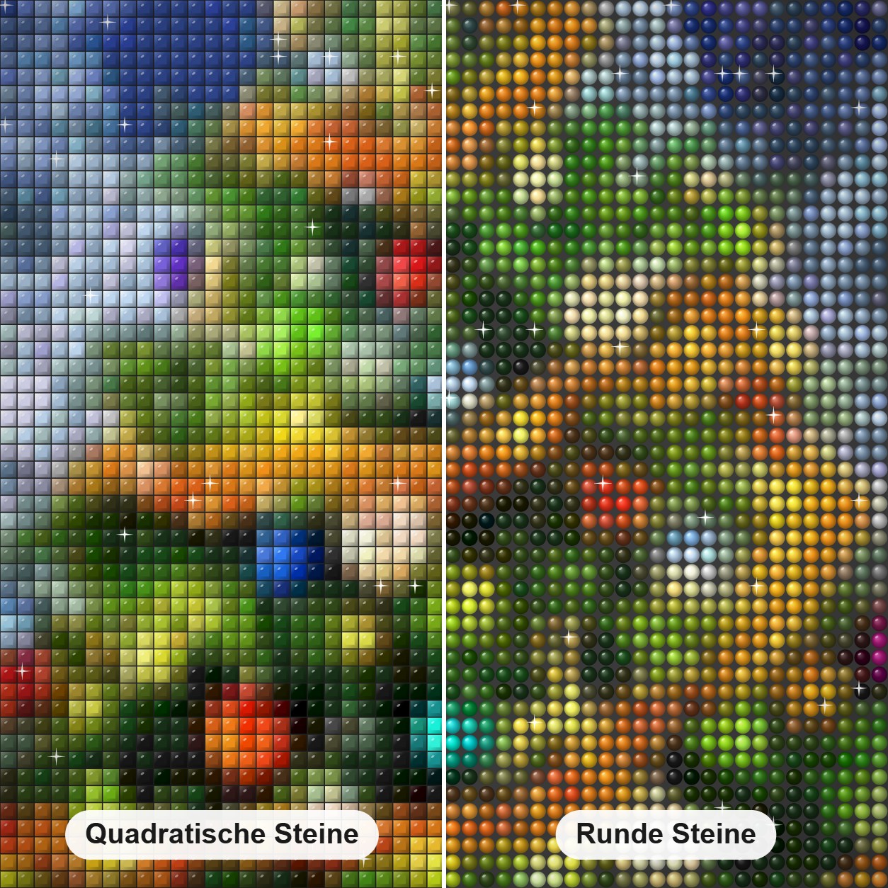 Geschmückter Weihnachtsbaum Diamond Painting Nahaufnahme mit quadratischen und runden Steinen