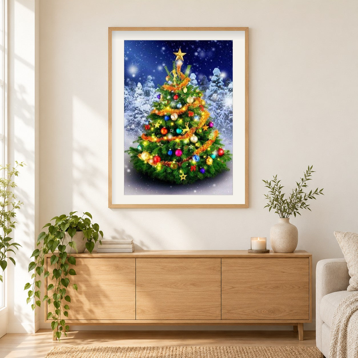 Geschmückter Weihnachtsbaum als gerahmtes Diamond Painting im Wohnzimmer