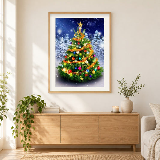 Geschmückter Weihnachtsbaum als gerahmtes Diamond Painting im Wohnzimmer
