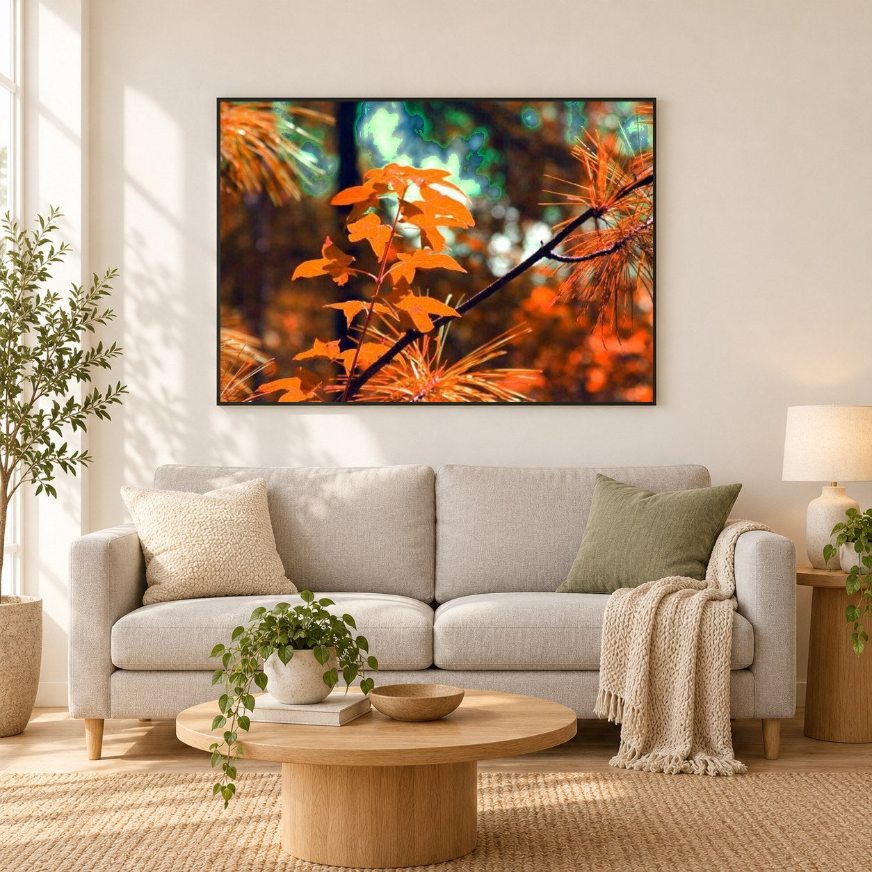 Getrocknete Herbstblätter als gerahmtes Diamond Painting im Wohnzimmer