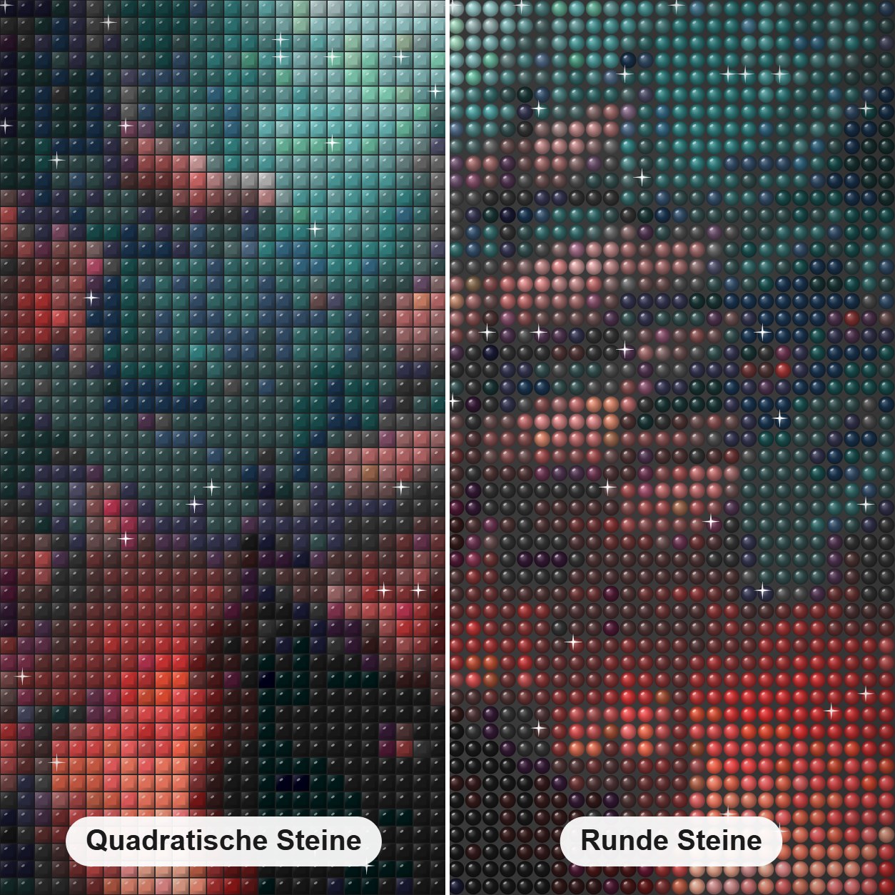 Geisterschiff Diamond Painting Nahaufnahme mit quadratischen und runden Steinen